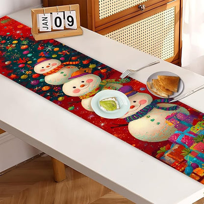 Christmas Table Runner 13 x 72 Inch, Holiday Snowman and Christmas Tree Design, Festive Red Winter Table Decoration with Gifts, Dining Table Centerpiece for Xmas Party Home Decor