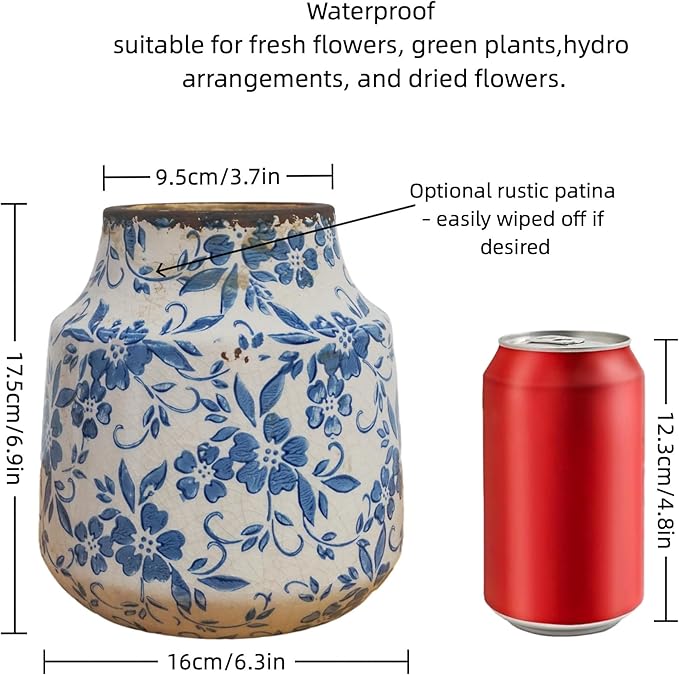 Blue and White Ceramic Vase, Vintage Floral Pottery Vase with Crackle Glaze, Rustic Terracotta Decorative Vase for Fresh Flowers, Greenery & Modern Farmhouse Home Décor