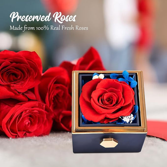 Forever Rose Gifts for Her,Preserved Real Red Flowers Rotating Box with I Love You Necklace 100 Languages,Mothers Day Eternal Rose Rotating Jewelry Box Gifts for Women Mom Wife Girlfriend