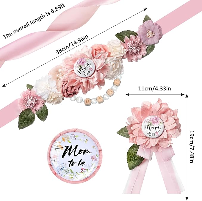 Baby in Bloom Baby Shower Decorations - Adjustable Wildflower Theme Maternity Belt with Pink Flowers Baby Shower Decorations, Gender Reveal Party Supplies for Mom to Be