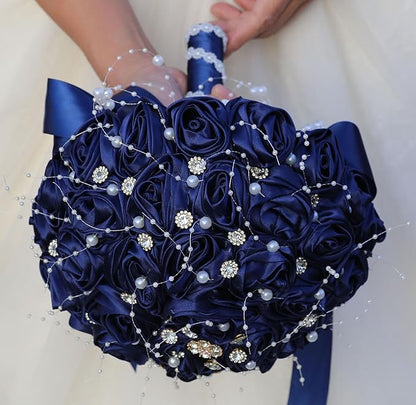 Bridal Wedding Bouquet Round Bling Brooch Bouquet Throw Toss Artificial Rose Flower Bunch for Bride Bridesmaid Wedding Quinceanera(Navy Blue, 6.3")