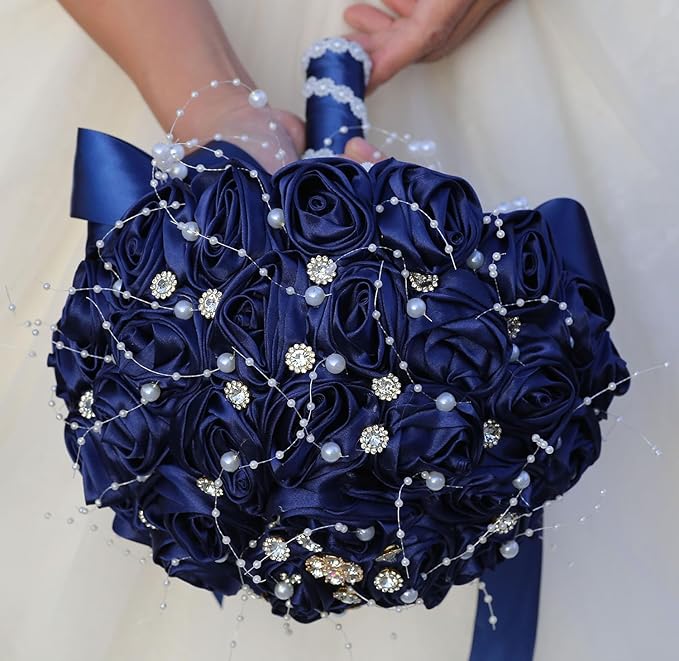 Bridal Wedding Bouquet Round Bling Brooch Bouquet Throw Toss Artificial Rose Flower Bunch for Bride Bridesmaid Wedding Quinceanera(Navy Blue, 8.7")