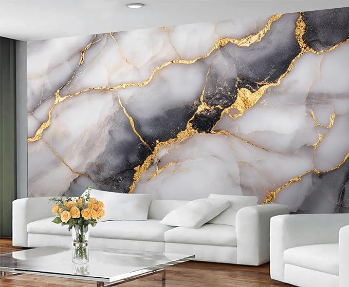Golden Veins Marble Wall Mural, Black and White Marble 3D Wall Murals, Luxury Stone Wallpaper Mural, for Living Room Bedroom Large Wallpaper Indoor Decor 78.7" W x55.1 H