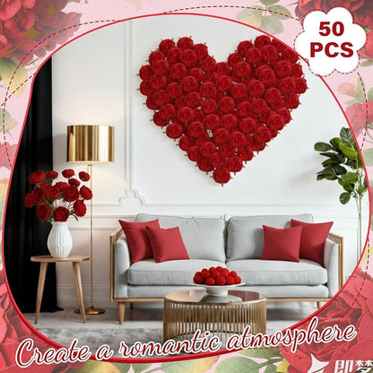 50 Pcs Artificial Peony Flower Bulk 3.5 Inch Silk Peony Flowers Heads with Stems Realistic Fake Roses for DIY Wedding Party Craft Bridal Bouquets Table Centerpieces Vase Home Decor(Red)