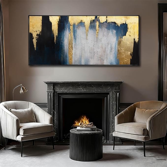 Modern Abstract Blue and Gold Framed Wall Art 32x70 Extra Large Canvas Painting Contemporary Artwork for Living Room Office Decoration