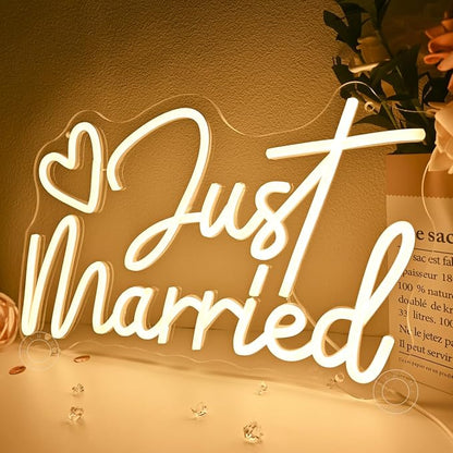 SYLHOME Just Married Led Neon Light Sign Heart Wedding Bridal Shower Backdrop Bedroom Wall Sign Decor Engagement Proposal Party Light Up Sign 15.75" X 9.25" USB