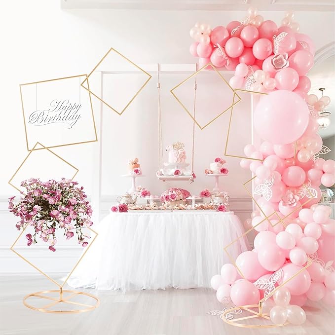 Gold Arch Backdrop Stand 5.8Ft Wedding Square Backdrop Stand, 4 Tier Floral Balloon Arch Stand for Wedding Centerpiece Baby Shower Birthday Ceremony Background Decoration
