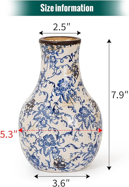 Sungmor Blue and White Ceramic Flower Vase, Vintage Ice Cracked Glaze Porcelain Vase, Pretty Centerpieces Flower Arrangement Vase for Home Decor, 8.2 Inch Decorative Vases for Table, Shelf, Mantel