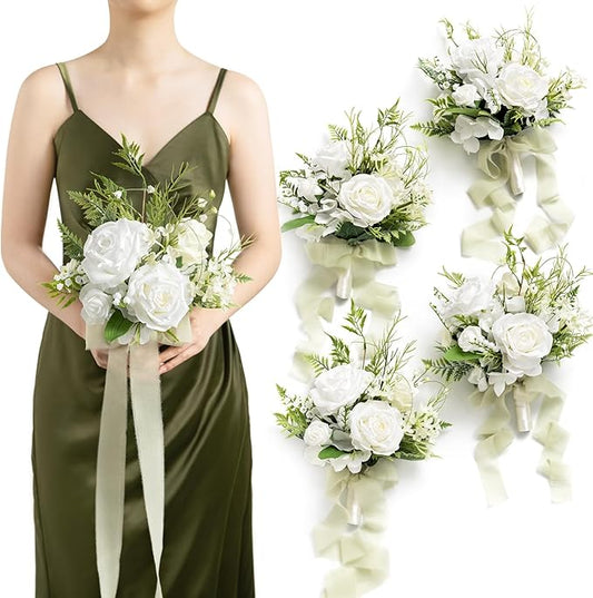 Ling's moment Artificial Flowers Lily of Valley White Bridesmaid Bouquet Set of 4, Green Wedding Flowers Bouquets for Bridesmaids, 7 Inch Bridal Bouquets for Bridesmaids, Wedding, etc