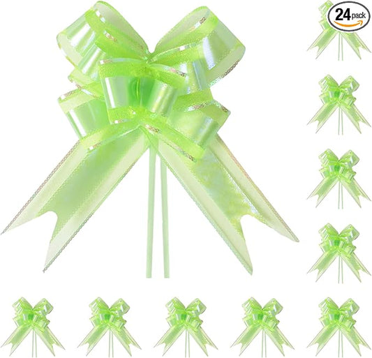 24PCS Apple Green Pull Bows for Gift Wrapping, 6" Large Pre-Tied Decorative Bows for Christmas, Wedding, Birthday, Party Decors, Reusable Instant Floral Decors for Gifts, Bouquets, Baskets