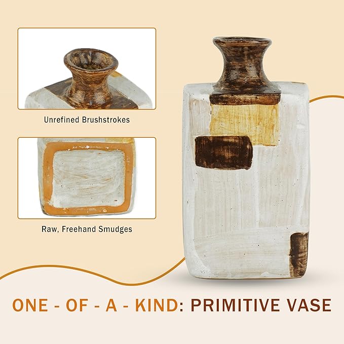 Ceramic Flower Vase Home Decor-6" Tall Vase for Centerpieces,Large Decorative Terracotta Vases, Farmhouse Rustic Pottery Vase for Home Decor Living Room, Table,Shelf or Mantel(Square)