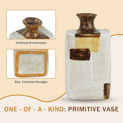 Ceramic Flower Vase Home Decor-6" Tall Vase for Centerpieces,Large Decorative Terracotta Vases, Farmhouse Rustic Pottery Vase for Home Decor Living Room, Table,Shelf or Mantel(Square)