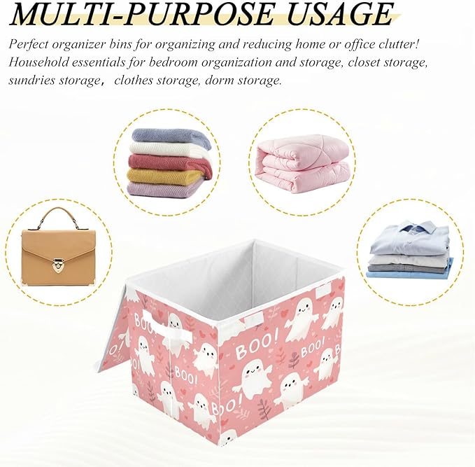 Halloween Baskets Collapsible Storage Bins with Lids, Ghost Love Grass Storage Boxes Clothes Baskets for Organizing