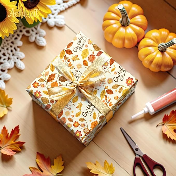 Aobkiat Fall Thanksgiving Tissue Paper for Gift Bags,24 Sheets Pumpkin Maple Leaf Design Paper,Orange Wrapping Craft Paper for DIY, Autumn Harvest Present Packaging,15 x 20 Inch
