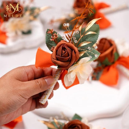 Meldel Terracotta Boutonniere for Men Wedding, Set of 6, Groom and Best Man Boutonniere, Guest Rose Boutonniere for Wedding Prom Homecoming Ceremony Anniversary Party, Burnt Orange