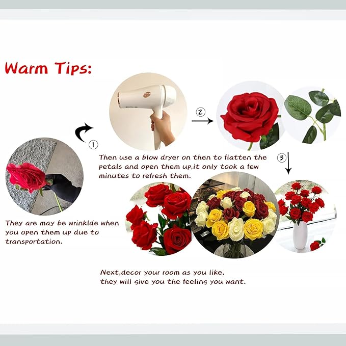 Red Fake Roses Artificial Flowers - 16 Pcs Fake Artificial Roses Silk Flowers with Stems for Home Wedding Hotel Office Centerpiece Decor