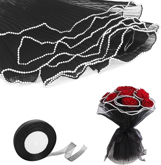 Cftone 4 Yards Pearl Edge Flower Wrapping Mesh Paper with 3/5 inch Organza Ribbon 50 Yard Gift Wrap Ribbon, Bouquet Transparent Mesh Wrapping Paper for Mother's Day Valentine's Day Wedding Graduation Birthday Gift (Black with 50 Yard Black Ribbon)
