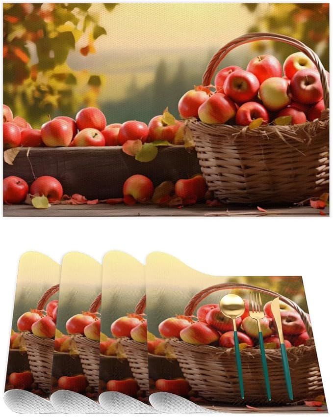 Fall Fruit Apple Placemats Set of 1 PVC Vinyl Non Slip Table Mats Waterproof Heat Resistant Place Mats Washable Wipeable Dining Table Mat for Kitchen Party Farmhouse Indoor Outdoor Decorative