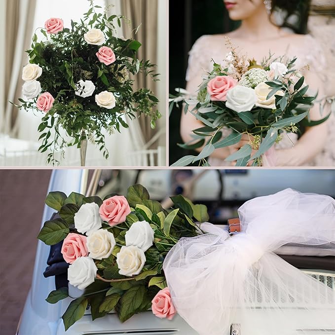 50PCS Artificial Flowers Champagne/Pink/White Roses Real Looking Foam Fake Roses with Leaves and for DIY Wedding Bouquets Bridal Shower Centerpieces Party Decorations (Champagne Series, 50)