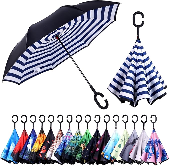 Inverted Umbrella, 49 Inch Double-Layer Vented Reverse Umbrella, Windproof Waterproof UV Protection, Lightweight C-Handle, Fiberglass Ribs, Steel Shaft, Travel/Commute/Car Use, With Sleeve