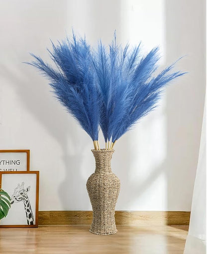 9 Pcs 45" Tall Pampas Grass Blue Decor, Long Stem Artificial Flower Floor Vase Large Faux Floral Pompas Fake Plants Dried Bouquet Arrangement Vase Filler for Boho Home Wedding Decoration