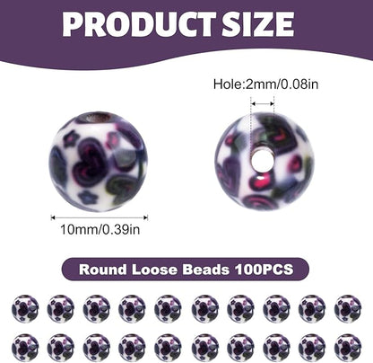 100 PCS 10mm Resin Beads Bulk for Bracelet Making Kit, Heart Printed Round Loose Beads for Jewelry Earring Necklace Rings Art Craft DIY Projects