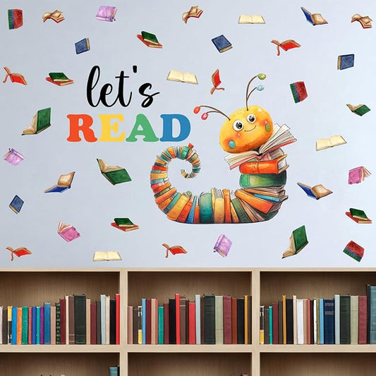 Colorful Book Caterpillar Wall Stickers, Let’s Read Classroom Vinyl Wall Decals, Removable School Reading DIY Wall Art for Kindergarten Preschool Library Decor