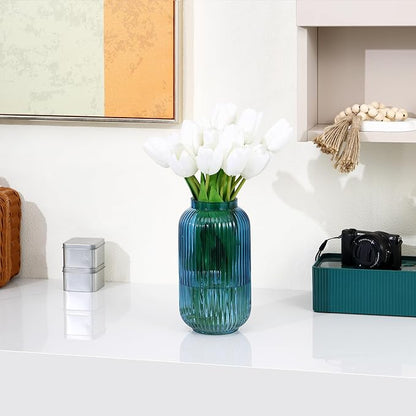 Ribbed Glass Vase, Blue Flower Vase for Bouquet, Glass Vases for Flowers, Modern Vases for Living Room, Bedroom, Kitchen, Dining Table, Office, Wedding, 8.6 Inches