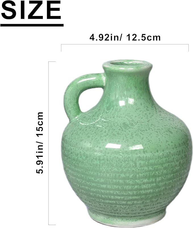 Sunddo Green Ceramic Vase for Centerpieces - 6 Inch Modern Decorative Vase with Handle, Small Pitcher Vases for Home Decor, Living Room Kitchen Bedroom Entryway Mantel Shelf Decor