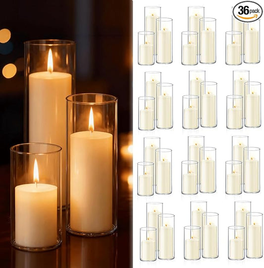 72 PCS Ivory White Pillar Candles with Glass Candle Holders Clear Hurricane Candle Holders Glass Cylinder Vases for Centerpieces Wedding Party, Event, Home Office (36 Candles+36 Candle Hoders)