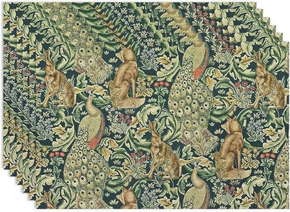 William Morris Floral Animal Placemats Set of 6, Vintage Botanical Plant Birds Rabbit Place Mats, Heat Resistant Non Slip Cotton Linen Dining Table Mats for Home Kitchen Party 18x12 Inch