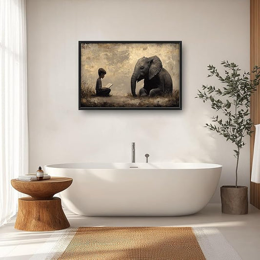 Elephant Large Wall Art Boy Reading Pictures Wall Decor Animal Canvas Elephant Print Painting Modern Artwork Home Decoration for Living Room Bathroom Bedroom Office Framed 36"x24"