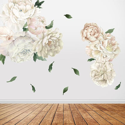Romantic White Peony Wall Decals, Large Flower Vinyl Wall Art for Nursery & Wedding Decor, Botanical Stickers for Bedroom, Blush Floral Decal