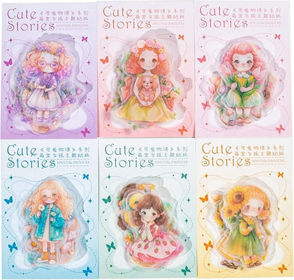 TIAMECH Cute Stories PET Stickers - 60 Pcs Daisy Rose Flower & Hairy Girl Design, Waterproof Sticker for Journaling & Scrapbooking, Junk Journal Supplies, Ephemera & DIY Crafts