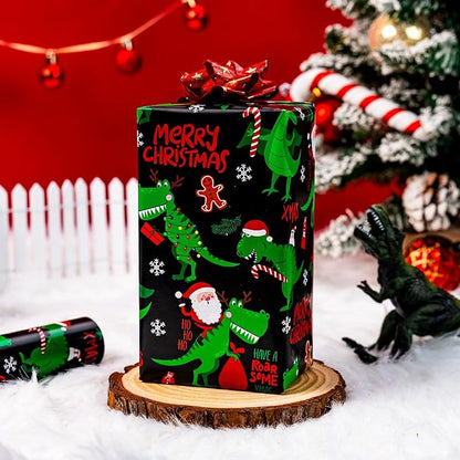 Yarcony Reversible Black Christmas Wrapping Paper for Kid, Funny Dinosaur and Santa Claus Pattern Christmas Gift Wrapping Paper for Kids Boys Men Holiday Gift Packaging (Mini Roll, 17 Inch X 33 Feet)