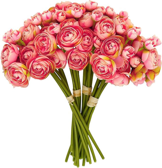 24 Pcs Ranunculus Artificial Flowers 10.5", Mini Faux Silk Ranunculus with Stem, Fake Flowers for Home Decor Indoor Wedding Bouquets Centerpieces (Coral)