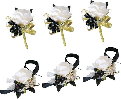 Aimto Ivory Rose Rose&Black Wrist Corsage and Boutonniere Set for Ivory Rose Wedding Flower Accessories Prom Suits (3pairs Ivory Rose Set)