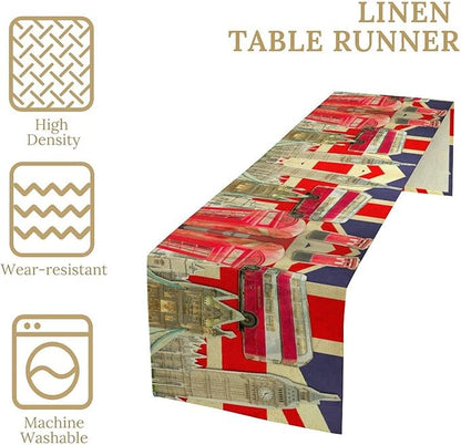 British Table Runner, Seasonal Vintage Buildings England London Culture Element Coffee Table Center Decor for Home Kitchen Dining Patio Holiday Party Table Decorations 13x72 inches