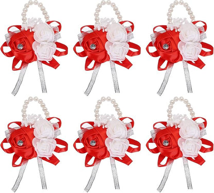 MECCANIXITY 6Pcs Wrist Corsage Artificial Flower Bracelets Rose Wrist Bride Groom Decorative for Wedding Ceremony Prom Party Anniversary Red