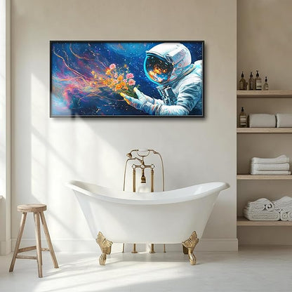Astronaut Large Wall Art Galaxy Outer Space Pictures Wall Decor Flowers Above Over Bed Canvas Prints Painting Framed Artwork Decoration for Boys Bedroom Living Room 60"x30"