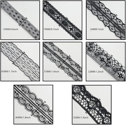 80 Yards Black Lace Trim Ribbon,8 Rolls Crochet Sewing Assorted Patterns Vintage Floral Lace Ribbons for Sewing DIY,Gift Wrap,Scrapbooking, Bridal Shower Wedding Decor, 10 Yards Each Roll