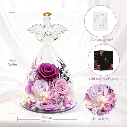 Christmas Rose Gifts for Women, 7" Purple Preserved Roses Flowers in Glass Angel Figurine, Birthday Gift for Mom Wife Grandma, Eternal Rose for Mothers Day Valentines Anniversary