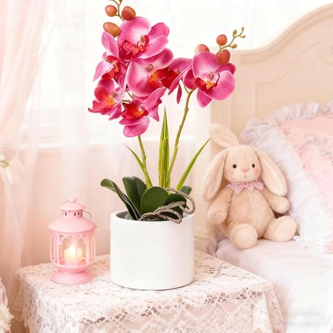 Jusdreen Artificial Purple Orchid, Phalaenopsis in Ceramic Pot with Vase for Home Office Table Decor, Flower Centerpiece