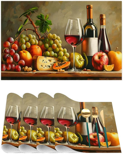 Grapes Fruit Wine PVC Placemats Set of 4 Wipeable Table Mats Washable Heat Resistant Non Slip Vinyl Dining Table Mat for Kithen Indoor Outdoor Patio Farmhouse Place Mats Decorative