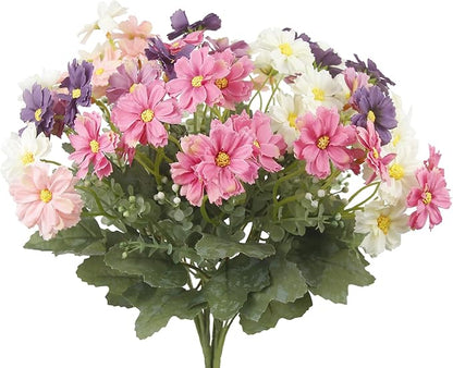 4 Pcs Artificial Daisy Flowers Outdoor UV Resistant Silk Flowers for Outside Pink Faux Daisy Bouquet Arrangement for Spring Summer Garden Porch Window Box Planter Front Door Patio Balcony Decor