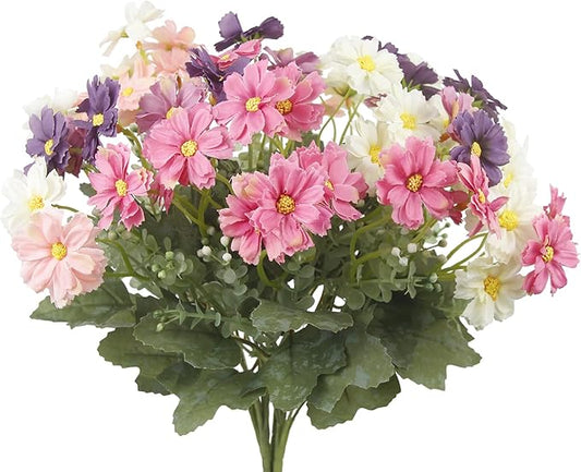4 Pcs Artificial Daisy Flowers Outdoor UV Resistant Silk Flowers for Outside Pink Faux Daisy Bouquet Arrangement for Spring Summer Garden Porch Window Box Planter Front Door Patio Balcony Decor