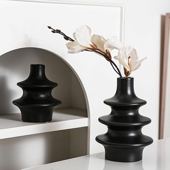 Modern Ceramic Vase Set, Small Matte Black Vases for Home Decor, Minimalist Vase for Entryway, Living Room Decoration, Table Centerpieces