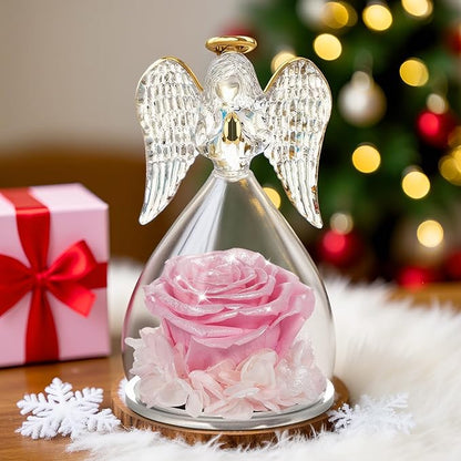 Yamonic Mom Birthday Gifts for Mom, Glass Angel Figurines with Real Rose Gifts for Moms Grandma, Preserved Flowers Real Rose Mothers Day Birthday Valentine’s Day Angel Gifts for Women Her(Pearl Pink)