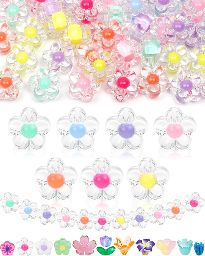 FIVEIZERO 300PCS Acrylic Flower Beads, Colorful Transparent Bead Charms for DIY Bracelets, Necklaces & Jewelry Craft Supplies