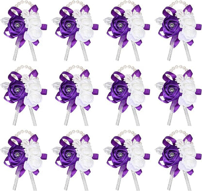 MECCANIXITY 12Pcs Wrist Corsage Artificial Flower Bracelets Rose Wrist Bride Groom Decorative for Wedding Ceremony Prom Party Anniversary Purple